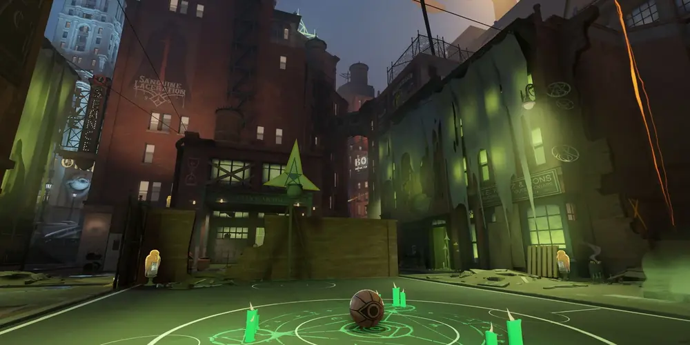 Green-lit occult circle drawn on a Deadlock courtyard floor, ringed by candles with an orb at its centre